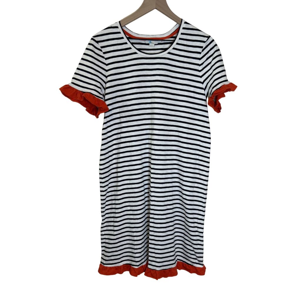 Boden Emily White Navy Blue Striped Ruffled Jersey T-Shirt Dress Size 14